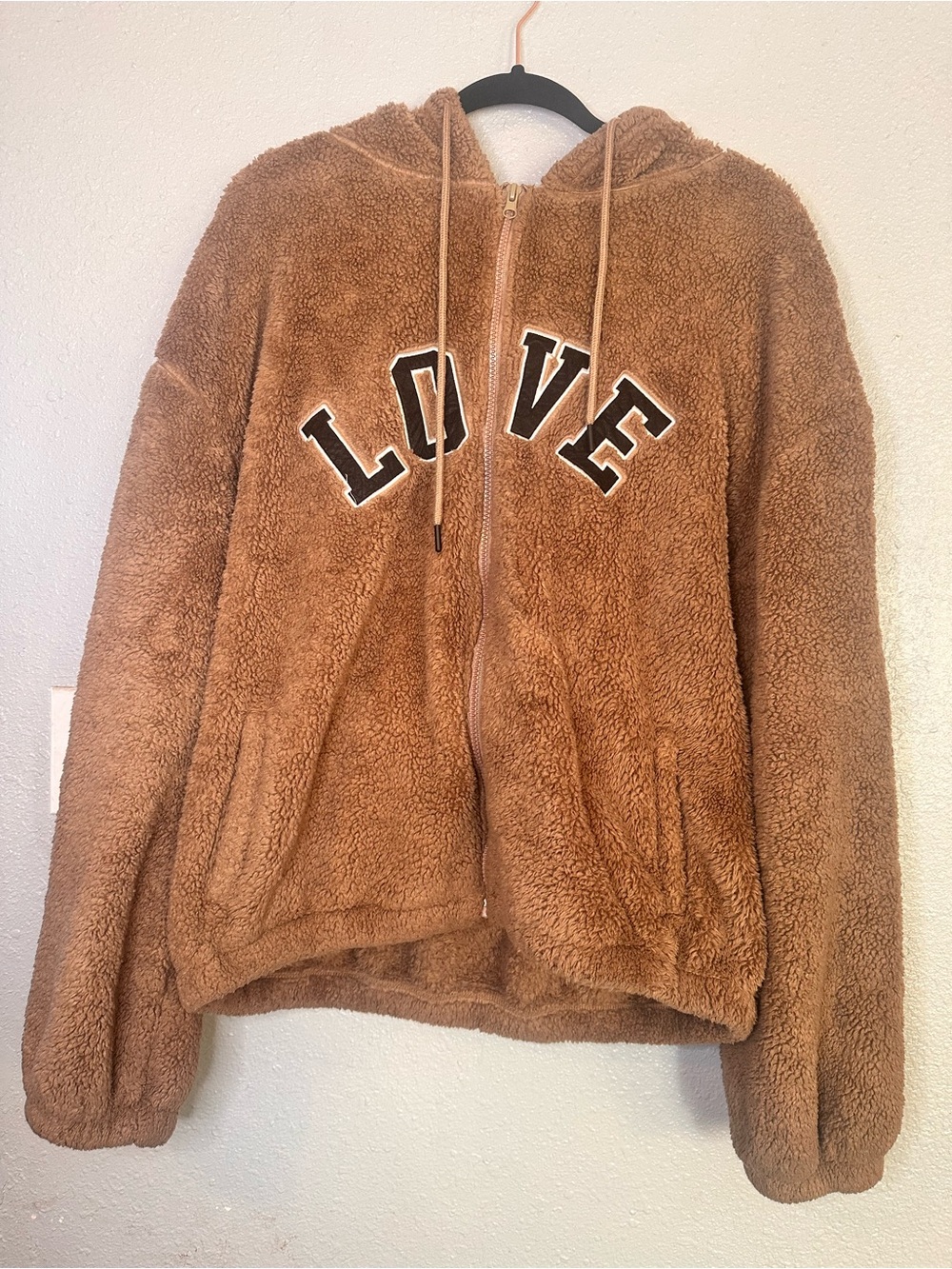 Cozy Brown Plush 'LOVE' Sherpa Zip Hoodie - Women's Fleece Pullover